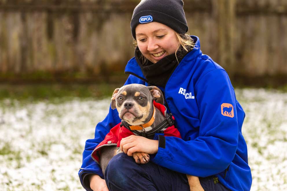 A puppy named Paisley in the snow at RSPCA West Hatch Animal centre with animal care assistant Tanisha Veale.